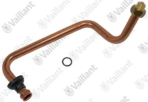 Knickrohr aus Kupfer mit zwei Anschlüssen, einem mit O-Ring und einem mit Messingteil, geeignet für Vaillant Heizsysteme.